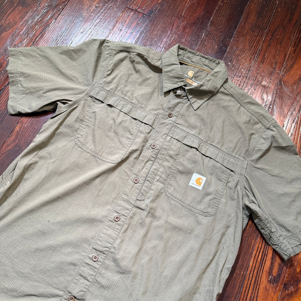 Carhartt Force Shirt Mens L Green Ripstop Short Sleeve Relaxed Fit Workwear